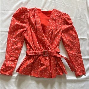 ZARA Coral Red Floral Print Top Blouse With Belt Puff Shoulder Size S